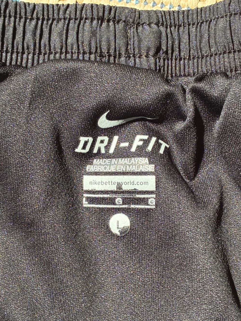 Nike Dri-Fit Black + White Dolphin Hem Athletic Shorts Elastic Waist, Drawcord - Picture 3 of 7